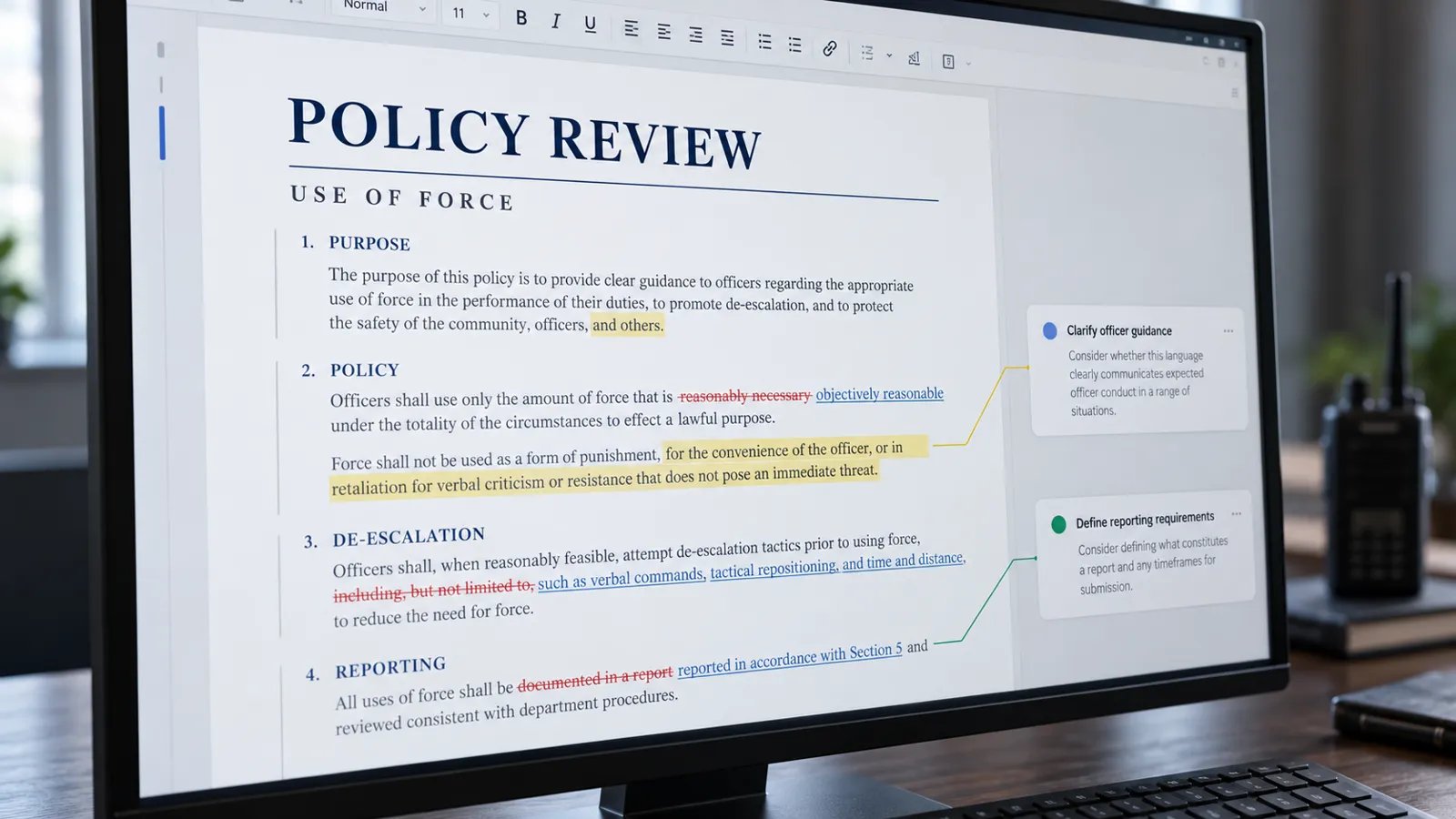 A use of force policy on screen with redlines and attorney comments